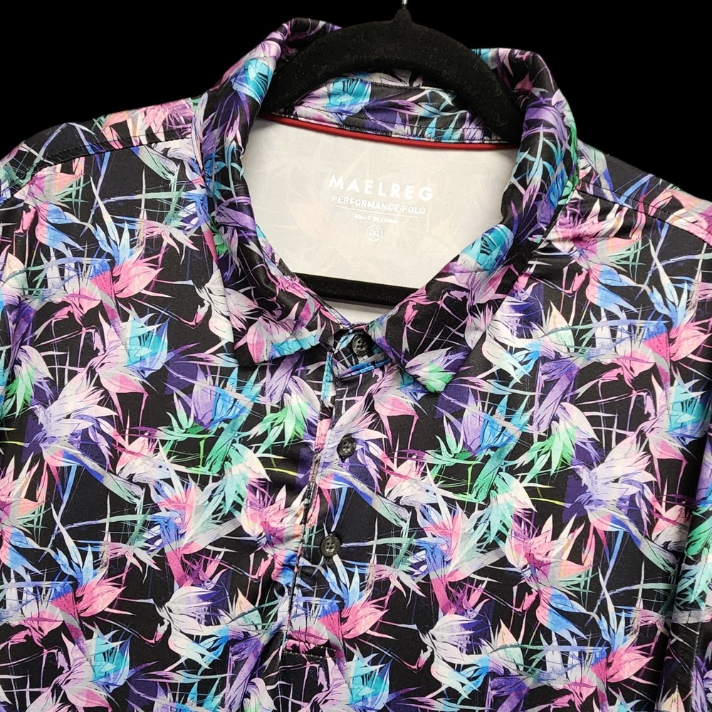 Maelreg Polo Shirt Men XXL Colorful Floral Performance Stretch Golf Short Sleeve